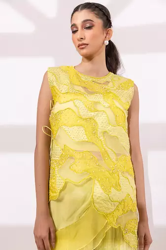 Lime yellow embroidered organza chinon co ord set