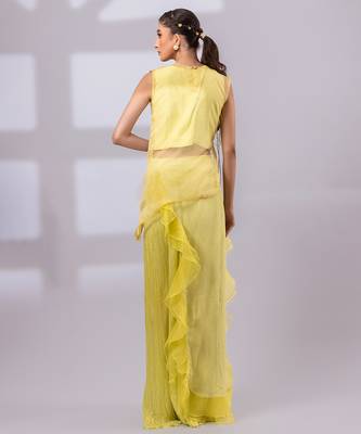 Lime yellow embroidered organza chinon co ord set 4