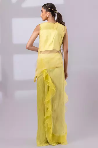 Lime yellow embroidered organza chinon co ord set
