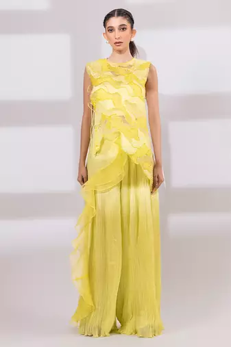Lime yellow embroidered organza chinon co ord set