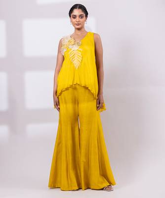 Mustard yellow embroidered chinon silk co ord set 1