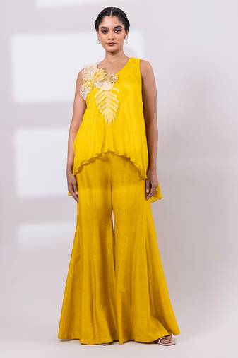 Mustard yellow embroidered chinon silk co ord set