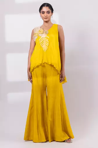 Mustard yellow embroidered chinon silk co ord set