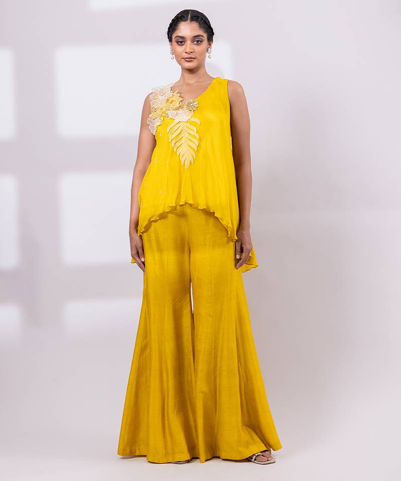Mustard yellow embroidered chinon silk co ord set