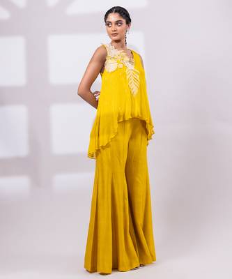 Mustard yellow embroidered chinon silk co ord set 2