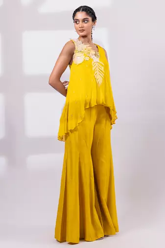 Mustard yellow embroidered chinon silk co ord set
