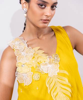 Mustard yellow embroidered chinon silk co ord set 3