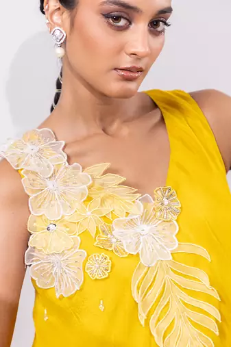 Mustard yellow embroidered chinon silk co ord set