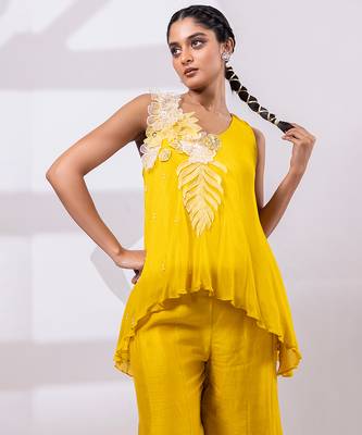 Mustard yellow embroidered chinon silk co ord set 4