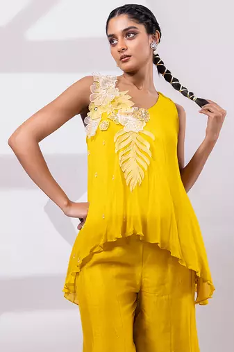 Mustard yellow embroidered chinon silk co ord set