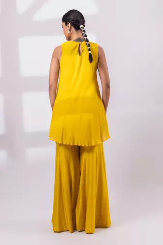 Mustard yellow embroidered chinon silk co ord set