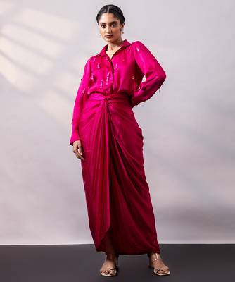 Fuchsia pink embroidered satin co ord set 1