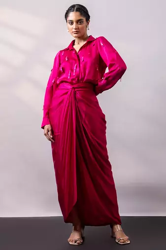 Fuchsia pink embroidered satin co ord set