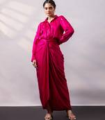 Fuchsia pink embroidered satin co ord set