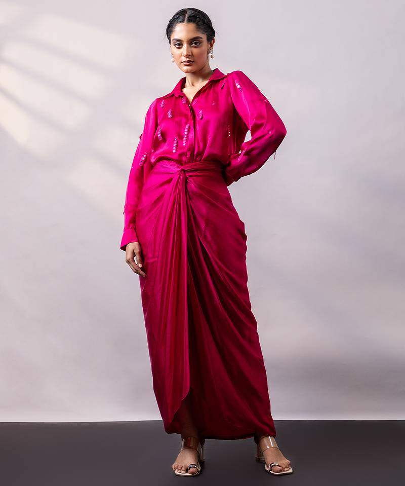 Fuchsia pink embroidered satin co ord set