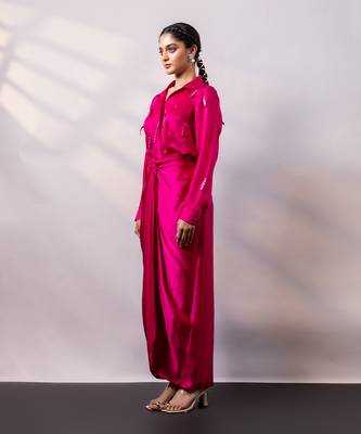 Fuchsia pink embroidered satin co ord set 2