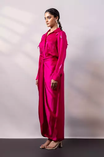 Fuchsia pink embroidered satin co ord set