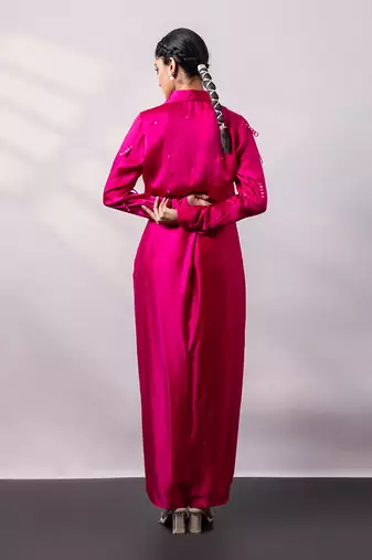 Fuchsia pink embroidered satin co ord set