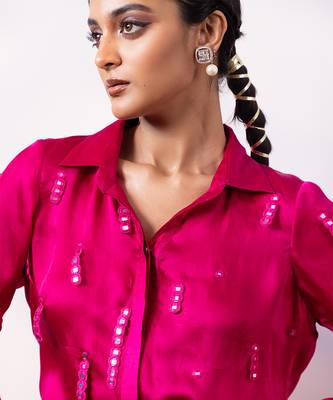 Fuchsia pink embroidered satin co ord set 4
