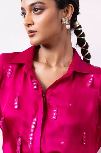 Fuchsia pink embroidered satin co ord set