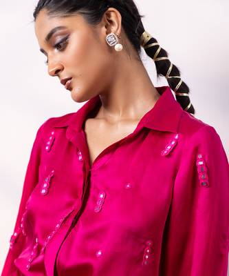 Fuchsia pink embroidered satin co ord set 5