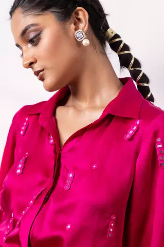 Fuchsia pink embroidered satin co ord set
