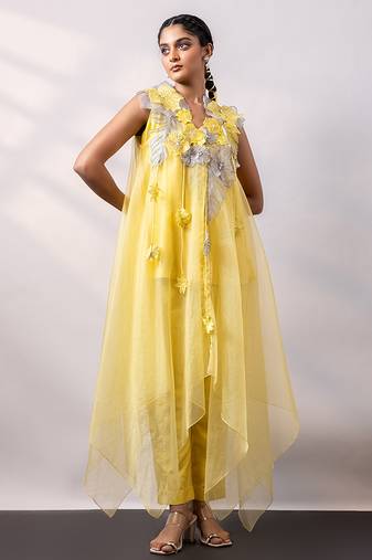 Vibrant yellow embroidered silk organza co ord set