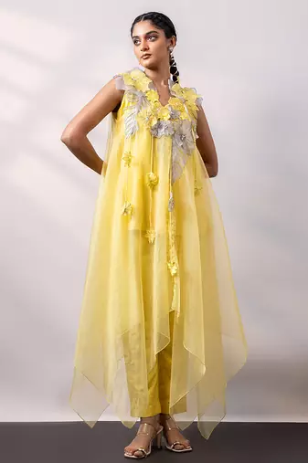 Vibrant yellow embroidered silk organza co ord set