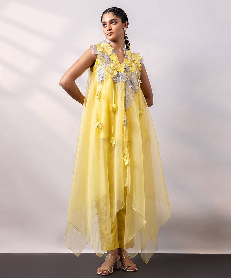 Vibrant yellow embroidered silk organza co ord set
