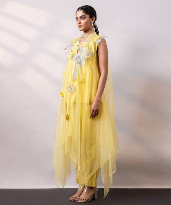 Vibrant yellow embroidered silk organza co ord set 2