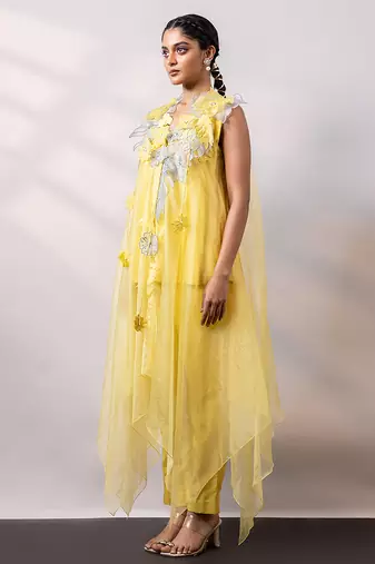 Vibrant yellow embroidered silk organza co ord set