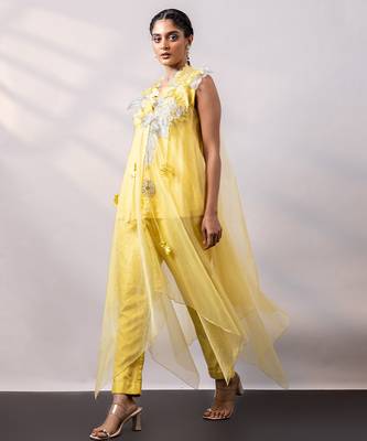 Vibrant yellow embroidered silk organza co ord set 3