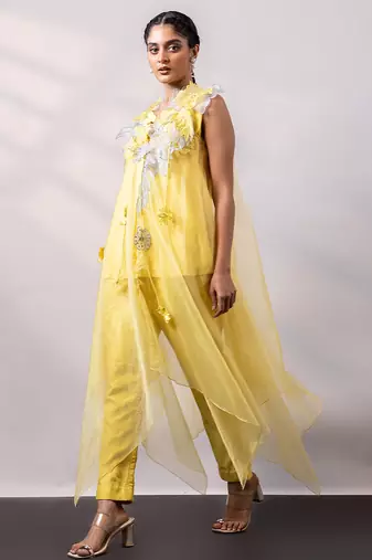 Vibrant yellow embroidered silk organza co ord set