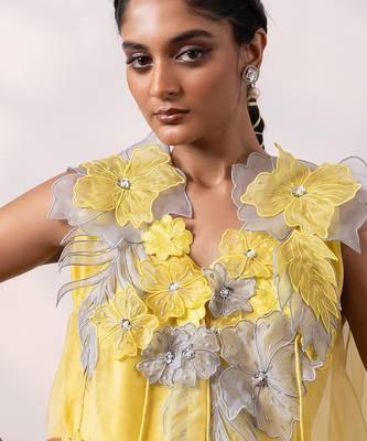 Vibrant yellow embroidered silk organza co ord set 4
