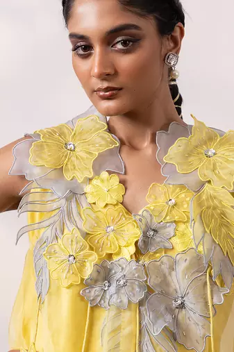 Vibrant yellow embroidered silk organza co ord set