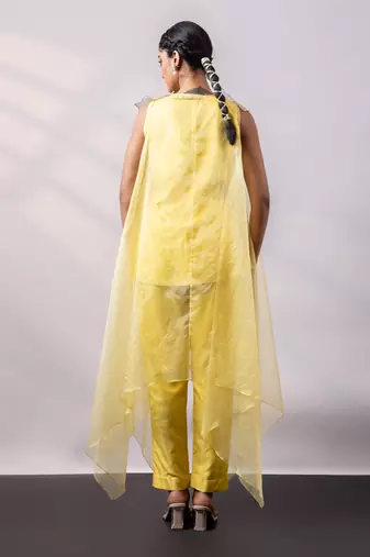 Vibrant yellow embroidered silk organza co ord set