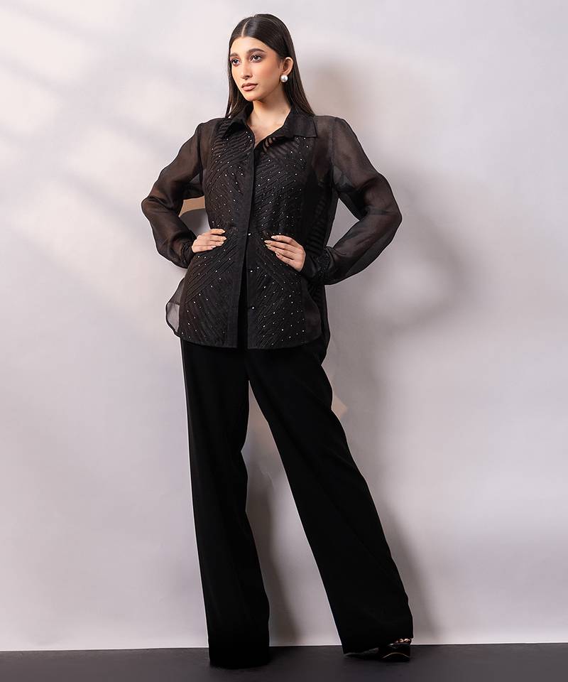 Black embroidered organza co ord set