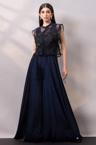 Navy blue organza chinon jumpsuit cape set