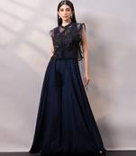 Navy blue organza chinon jumpsuit cape set