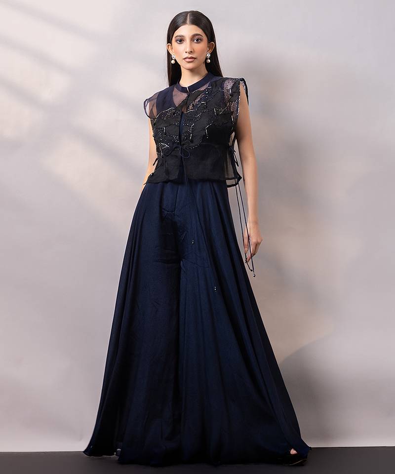 Navy blue organza chinon jumpsuit cape set