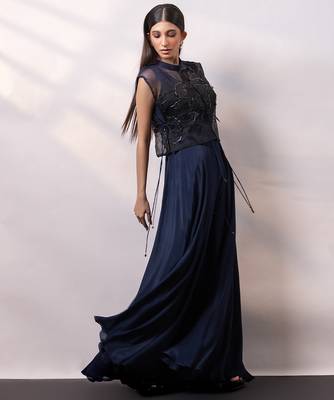 Navy blue organza chinon jumpsuit cape set 2