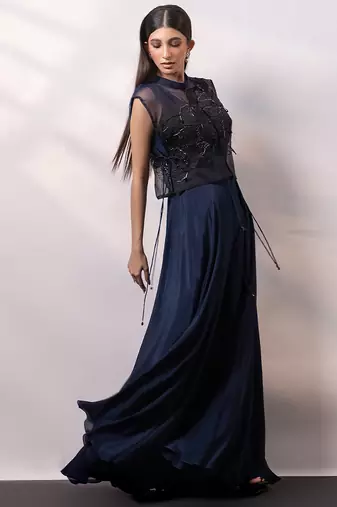Navy blue organza chinon jumpsuit cape set