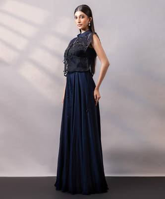 Navy blue organza chinon jumpsuit cape set 3