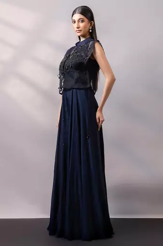 Navy blue organza chinon jumpsuit cape set