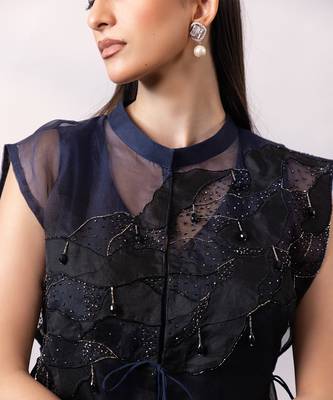 Navy blue organza chinon jumpsuit cape set 4