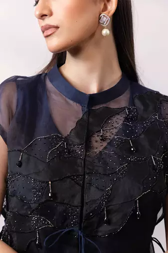 Navy blue organza chinon jumpsuit cape set