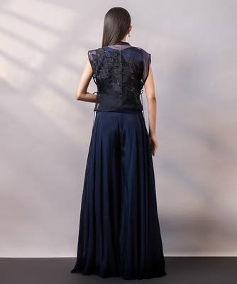Navy blue organza chinon jumpsuit cape set 5