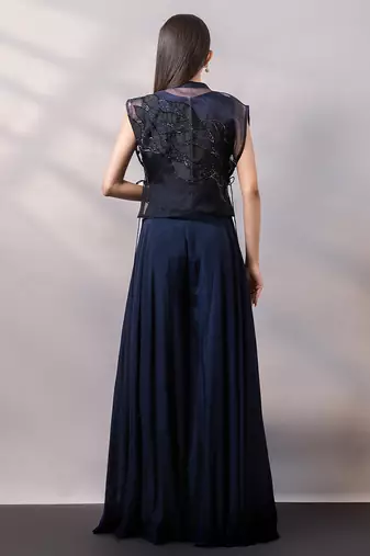 Navy blue organza chinon jumpsuit cape set