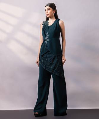 Emerald green embroidered art silk co ord set 1