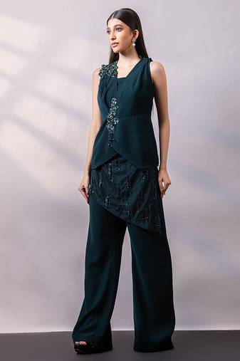 Emerald green embroidered art silk co ord set